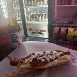 Mulgrew's Tavern & Liquor Store - Chili cheese dog with onions and a PBR