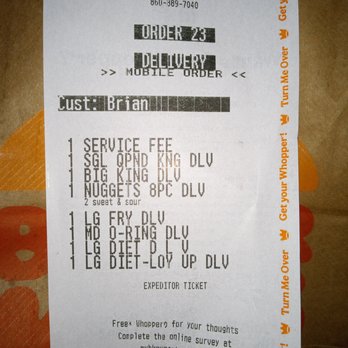 Burger King - the receipt for the burger king - Burgers Near Me - Norwich, Connecticut