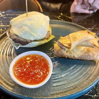 Alchemist Bar and Restaurant - Burger special ordered no bun. Subbed Salmon Lumpia for fries. - Asian Fusion Near Me - Las Vegas, Nevada Alchemist Bar and Restaurant - Burger special ordered no bun. Subbed Salmon Lumpia for fries. - Asian Fusion Near Me - Las Vegas, Nevada