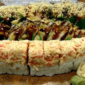 Wasabi - Bottom is yum yum roll, middle is grenade roll, and top is rainbow crunch - Japanese Near Me - Fayetteville, North Carolina