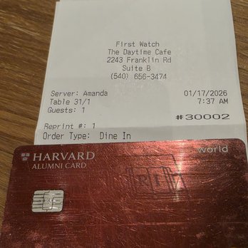 First Watch - The Bill and my credit card used to pay it. - Breakfast & Brunch Near Me - Roanoke, Virginia