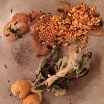 The Progress - The Amusing Starter Plate at The Progress:  Tempura Vegetable, nuts, meat jerky, nocci? and something - New American Near Me - San Francisco, California