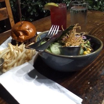 Tuning Fork - ESW salad, red sangria, water, and Truffled Mushroom Burger with fries. - Gastropubs Near Me - Studio City, California Tuning Fork - ESW salad, red sangria, water, and Truffled Mushroom Burger with fries. - Gastropubs Near Me - Studio City, California