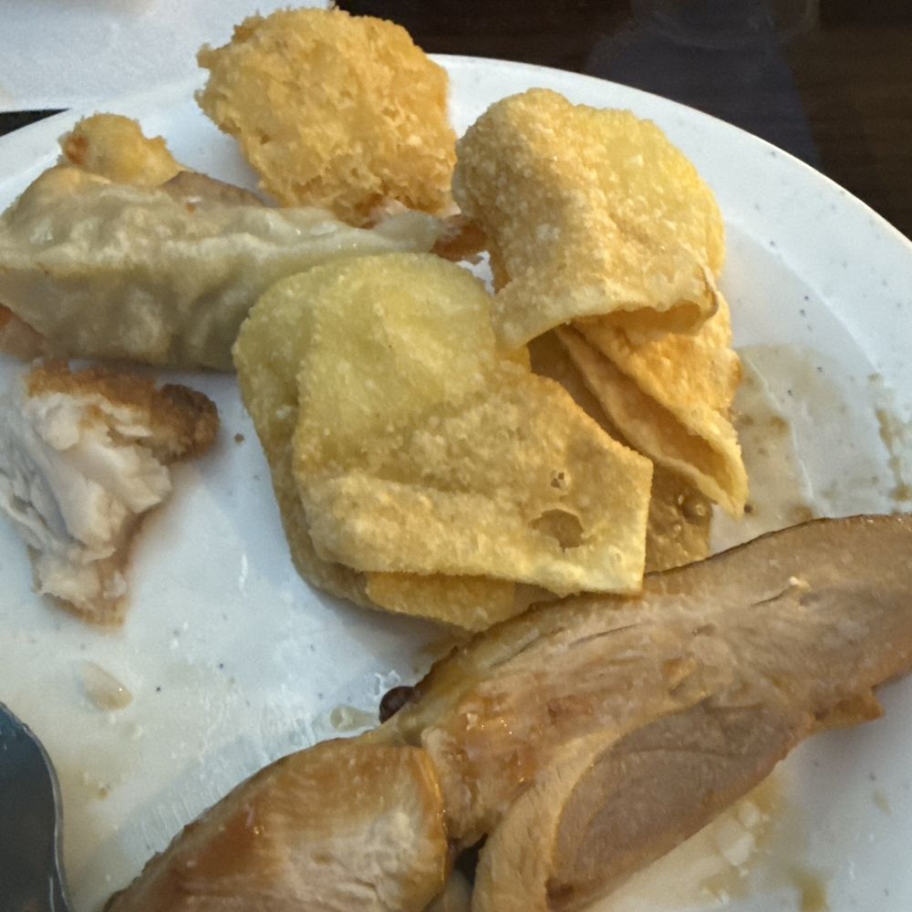 Crab Rangoon, grilled chicken, fish and a dumpling, Crab Rangoon, grilled chicken, fish and a dumpling,