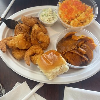 Harbor One - Fried Shrimp Mac n cheese and yams - Seafood Near Me - High Point, North Carolina