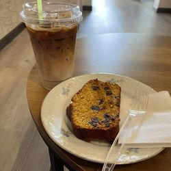 Flag Coffee Corner - Housemade Pumpkin Chocolate bread and iced latte