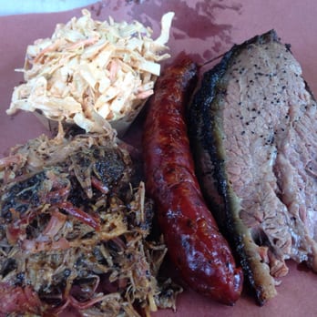 la Barbecue - Chipotle Slaw up top, (L-R) Pulled Pork, House Made Sausage, Moist and Burnt Brisket - Barbeque Near Me - Austin, Texas la Barbecue - Chipotle Slaw up top, (L-R) Pulled Pork, House Made Sausage, Moist and Burnt Brisket - Barbeque Near Me - Austin, Texas