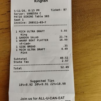 Kingfish Restaurant - KF receipt. - Seafood Near Me - Louisville, Kentucky Kingfish Restaurant - KF receipt. - Seafood Near Me - Louisville, Kentucky
