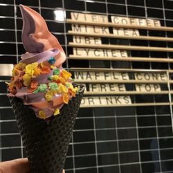 The Pond - Ube & lychee swirls on a charcoal cone