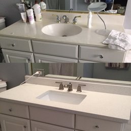 Before (top) and after (bottom) quartz top from Builder Supply Outlet.