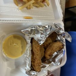 Chicken tenders, honey mustard, French Fries