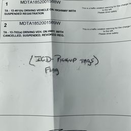 The warning ticket for driving a rental on a suspended registration.
