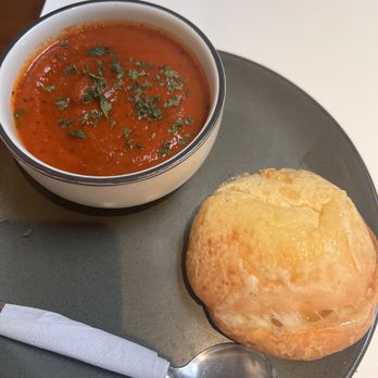 Bōm Dough - capital grilled cheese on pao de queijo and tomato soup - Brazilian Near Me - Cambridge, Massachusetts