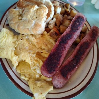 Cup N Saucer Restaurant - Kielbasa with scrambled eggs, homemade biscuit, and home fries - Breakfast & Brunch Near Me - Wilmington, Vermont
