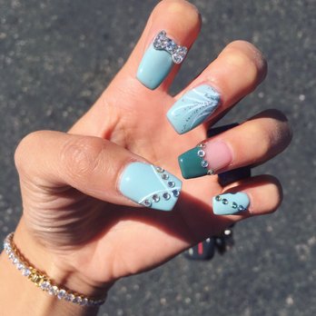 City Nails - Coffin shaped acrylics with hand design and Swarovski detailing - Nail Salons Near Me - Sierra Vista, Arizona