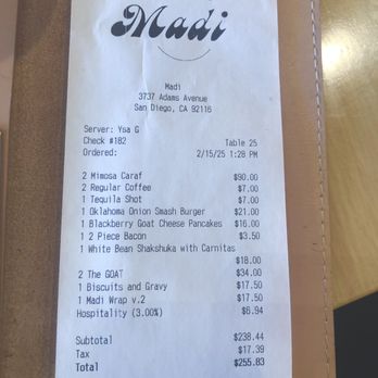 Madi - Brunch receipt for 7 people before tip - Breakfast & Brunch Near Me - San Diego, California Madi - Brunch receipt for 7 people before tip - Breakfast & Brunch Near Me - San Diego, California