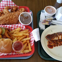 Combo Plate with Catfish and Shrimp, Cajun Burger and Bourbon Salmon