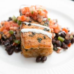 Savannah Event Catering - Cilantro Salmon- Cilantro & lime marinated seared salmon with a crispy risotto cake and black bean salsa