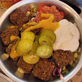 Taboonette - Falafel  pan vegan The classic chickpea fritter, chopped salad, tomato coulis, pickles, amba, Hummus side brown rice - Mediterranean Near Me - New York, New York