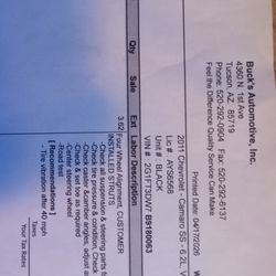 Buck's Automotive Service Center - Here's a receipt lying Mike Nicholson gave me when he did my alignment. Notice it says" inspected steering and suspension."