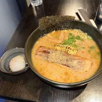 Kame - Spicy Salmon Miso with onsen egg - Ramen Near Me - New York, New York Kame - Spicy Salmon Miso with onsen egg - Ramen Near Me - New York, New York
