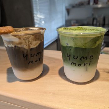 Yume Mori Matcha - hojicha tiramisu on left, double matcha on right - Coffee & Tea Near Me - Berkeley, California Yume Mori Matcha - hojicha tiramisu on left, double matcha on right - Coffee & Tea Near Me - Berkeley, California