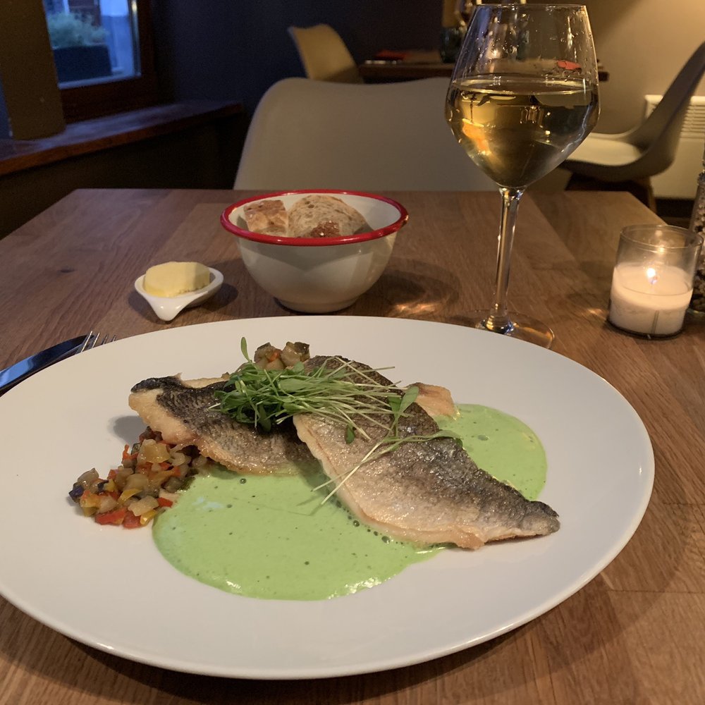 Fish with ratatouille and rucala ( arugula) cream. Delightful! Fish with ratatouille and rucala ( arugula) cream. Delightful!