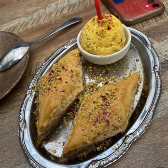 Delbar Middle Eastern - Baklava with cardamom or saffron ice cream(?) - Persian/Iranian Near Me - Atlanta, Georgia