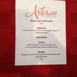 Artisan of Grand Haven - Menu for tonight's dinner