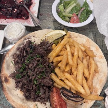 PapaFeta - Beef Shawarma plate with fries and a side salad - Greek Near Me - Temecula, California PapaFeta - Beef Shawarma plate with fries and a side salad - Greek Near Me - Temecula, California