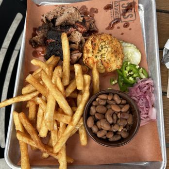 5 B's BBQ - 1 meat + 2 sides plate with brisket, fries, cowboy beans, and cheddar biscuit - Barbeque Near Me - Gunnison, Colorado
