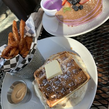 Vic's - Waffle Sandwich w/ Sweet Potato Fries + Ube Pancakes - Breakfast & Brunch Near Me - Martinez, California