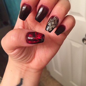 Nail Spa Expose - Dark red & black hombre with metallic sticker design - Nail Salons Near Me - Webster, Texas Nail Spa Expose - Dark red & black hombre with metallic sticker design - Nail Salons Near Me - Webster, Texas