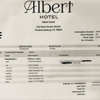 Albert Hotel - Bill for one night plus fees - Hotels Near Me - Fredericksburg, Texas