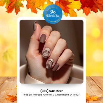 Sky Nails & Spa - Warm tones and cozy designs bring autumn to your fingertips. Nails that match the beauty of the season. Book today - Nail Salons Near Me - Hammond, Louisiana Sky Nails & Spa - Warm tones and cozy designs bring autumn to your fingertips. Nails that match the beauty of the season. Book today - Nail Salons Near Me - Hammond, Louisiana