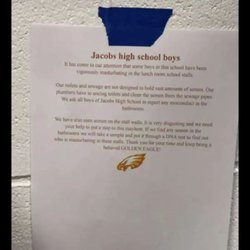 Jacobs High School - Photo warning against self relief in the bathroom