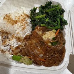 The sides: rice, garlic spinach and japchae The sides: rice, garlic spinach and japchae