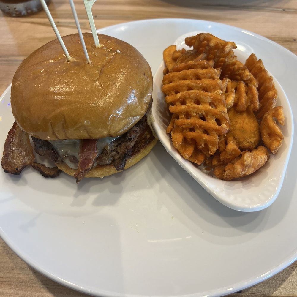 Rock & Brews - Grapevine - Artisan Blue Burger with Sweet Potato Waffle Fries - Burgers Near Me - Grapevine, Texas Rock & Brews - Grapevine - Artisan Blue Burger with Sweet Potato Waffle Fries - Burgers Near Me - Grapevine, Texas