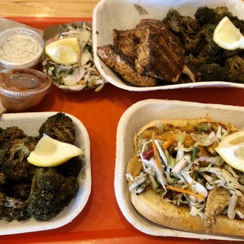 Saltbox Seafood Joint - Salmon plate, fried broccoli and catfish roll - Seafood Near Me - Durham, North Carolina Saltbox Seafood Joint - Salmon plate, fried broccoli and catfish roll - Seafood Near Me - Durham, North Carolina