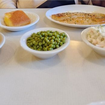 K&W Cafeteria - Peas, baked fish,mashed potatoes and gravy and corn bread - American Near Me - Greensboro, North Carolina
