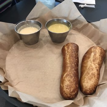 Stem & Stone - Pretzels with honey mustard and cheese sauce (already ate half). Cheese sauce was very good, kinda sharp white cheddar and Parmesan flavor. - New American Near Me - Bastrop, Texas Stem & Stone - Pretzels with honey mustard and cheese sauce (already ate half). Cheese sauce was very good, kinda sharp white cheddar and Parmesan flavor. - New American Near Me - Bastrop, Texas