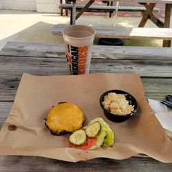 Mission BBQ - Smoked Cheeseburger, no bun. Potato Salad, unsweetened tea