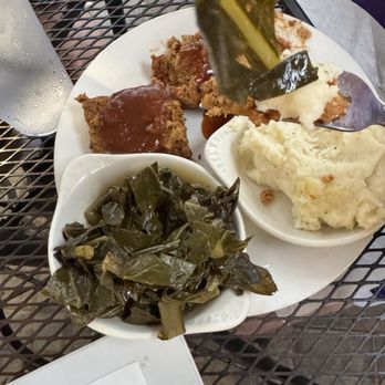A Lowcountry Backyard - Gf meatloaf made with potato chips! Collard greens and whipped potatoes. - Southern Near Me - Hilton Head Island, South Carolina A Lowcountry Backyard - Gf meatloaf made with potato chips! Collard greens and whipped potatoes. - Southern Near Me - Hilton Head Island, South Carolina
