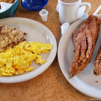 Tommy's Restaurant - Fried trout breakfast scrambled eggs with cheese hash browns - Breakfast & Brunch Near Me - Hampton, Virginia