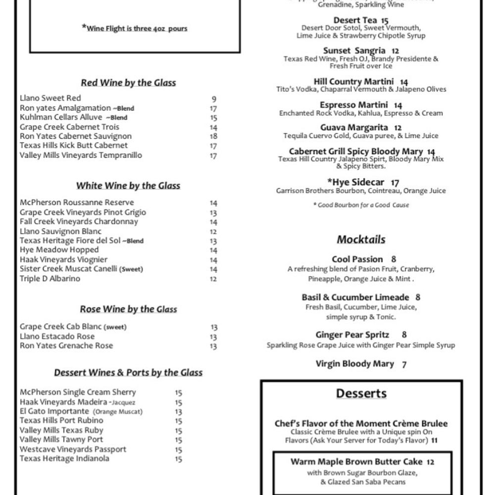 Cabernet Grill - Menu - Seafood Near Me - Fredericksburg, Texas