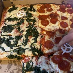 Jerry's Pizza Pie - Sicilian pizza crust w/half pepperoni and half spinach