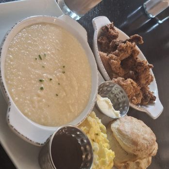 Maple and Cream Restaurant - Cheese Grits, Scrambled Eggs, Biscuit, Fried Chicken Strips (we put this meal together) - Breakfast & Brunch Near Me - Plantation, Florida Maple and Cream Restaurant - Cheese Grits, Scrambled Eggs, Biscuit, Fried Chicken Strips (we put this meal together) - Breakfast & Brunch Near Me - Plantation, Florida