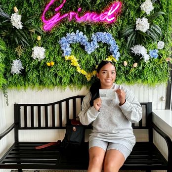 Rise & Grind - Such a cute vibe!-  Entrance has an adorable bench with backdrop - Coffee & Tea Near Me - Patchogue, New York