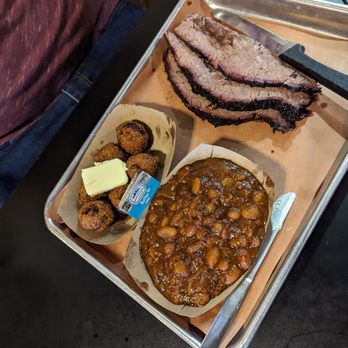 Wahoo BBQ - Brisket platter with hush puppies and beans - Barbeque Near Me - Palmyra, Virginia