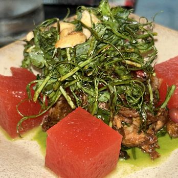 Sexy Fish Miami - Crispy duck amd watermelon salad - Seafood Near Me - Miami, Florida Sexy Fish Miami - Crispy duck amd watermelon salad - Seafood Near Me - Miami, Florida